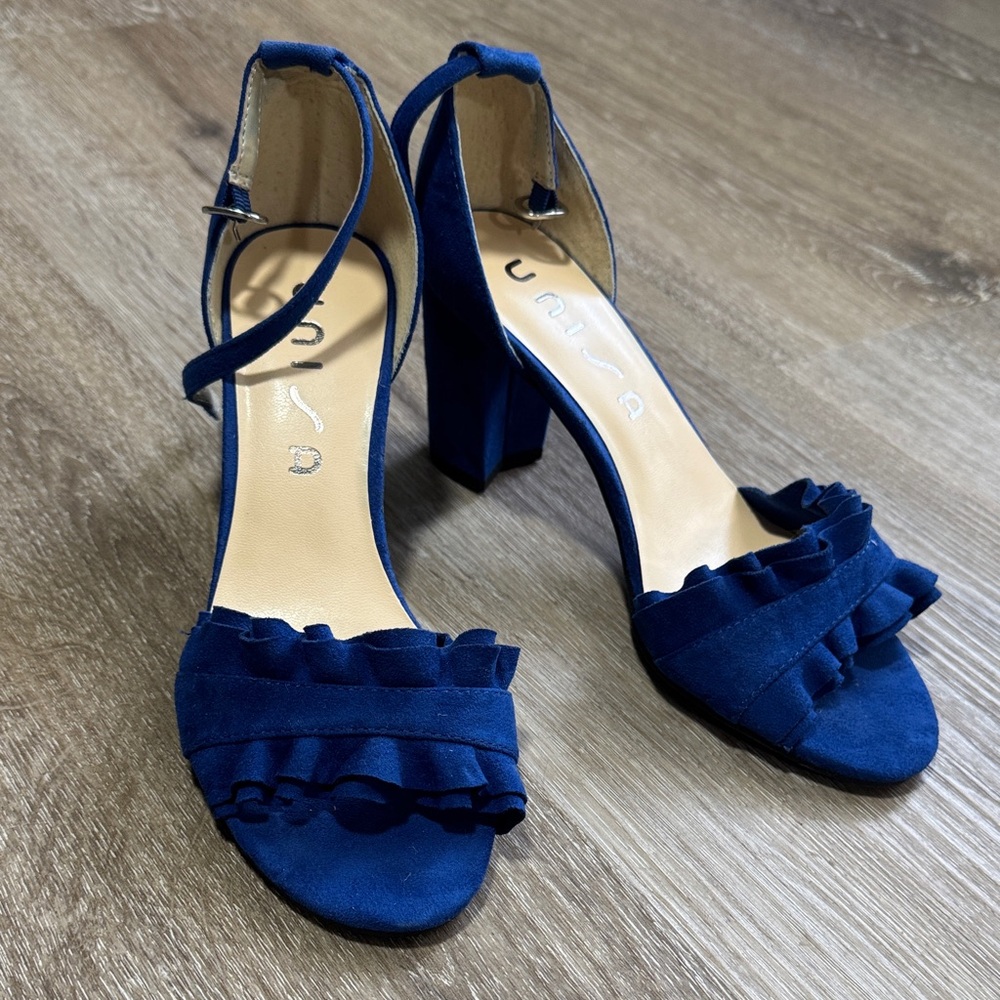 Unisa Navy Ruffle Heeled Sandals